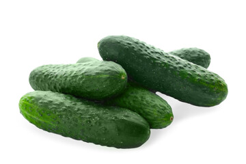 Whole fresh green cucumbers on white background