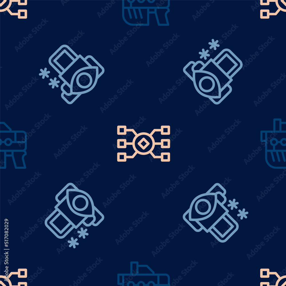Poster set line futuristic weapon, cyber security and neural network on seamless pattern. vector