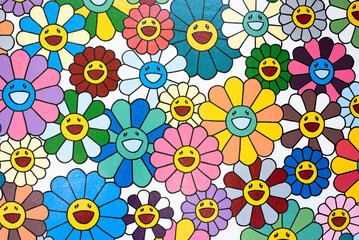 smile flowers ,Large set of retro flowers. Smiling face. Collection of different flowers in a hippie style.