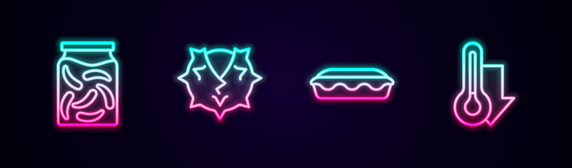 Set line Pickled cucumbers in a jar, Chestnut, Homemade pie and Thermometer. Glowing neon icon. Vector