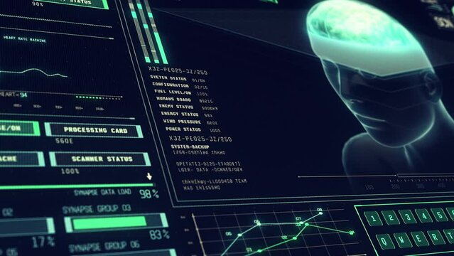 Neural Link between Brain and Computer. Close Up of Monitor with ECG and EEG Data on Screen. Medical Infographics. Concept of Human Anatomy of the Future.