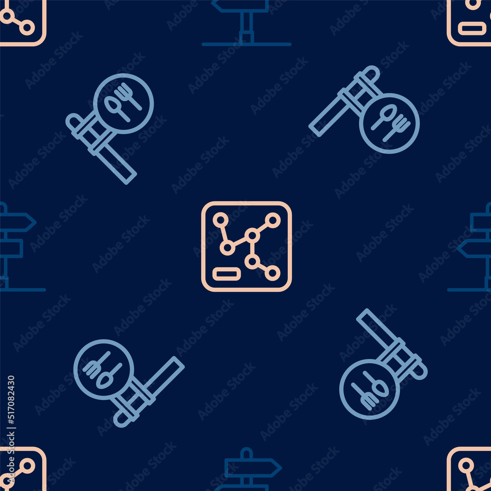 Poster set line road traffic sign, cafe and restaurant location and railway map on seamless pattern. vector