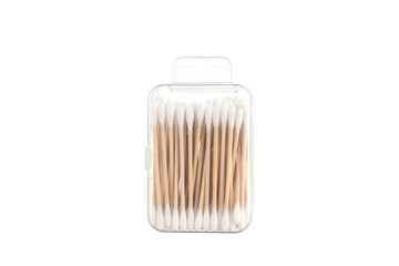 Cotton swabs for ears in a transparent plastic box on a white background.