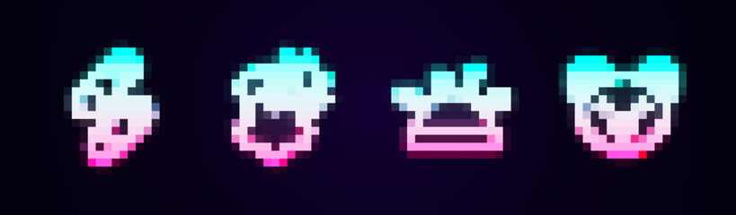 Set line Closed steel safety pin, Leather, Needle bed and needles and Teddy bear plush toy. Glowing neon icon. Vector