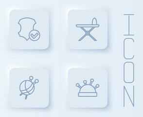 Set line Leather, Electric iron and ironing board, Yarn ball with knitting needles and Needle bed. White square button. Vector