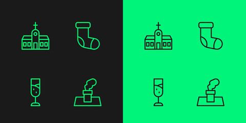 Set line Christmas chimney, Glass of champagne, Church building and stocking icon. Vector