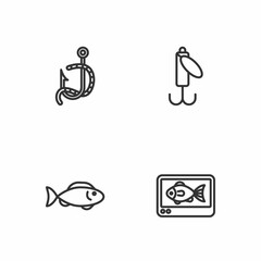 Fototapeta premium Set line Fish finder echo sounder, Fishing hook and worm and lure icon. Vector