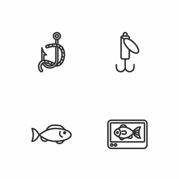 Set line Fish finder echo sounder, Fishing hook and worm and lure icon. Vector