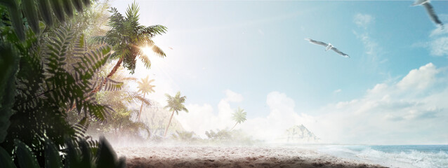 Island. Beautiful tropical beach with white sand, palm trees, turquoise ocean against a blue sky with clouds and birds on a sunny summer day. Paradise