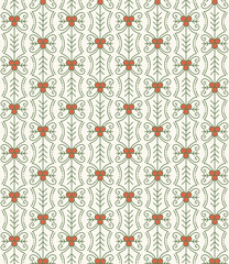 Fototapeta premium Seamless Pattern with Line Art Holly Leaves and Berries in Retro Colors. For winter holidays wrapping paper, decoration, background, fabric, etc.