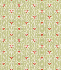 Seamless Pattern with Line Art Holly Leaves and Berries in Retro Colors. For winter holidays wrapping paper, decoration, background, fabric, etc.