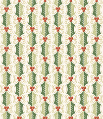Seamless pattern with holly leaves and berries. Holly berry stripes. For Winter Holidays wrapping paper, background, fabric, decoration, etc.