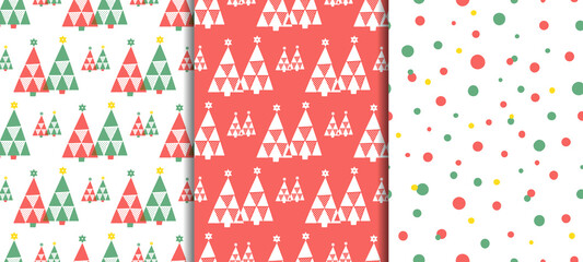 Set of Seamless Patterns for Winter Holidays. Hand drawn Christmas Trees and Random Dots. For wrapping paper, package, background, decoration, etc.