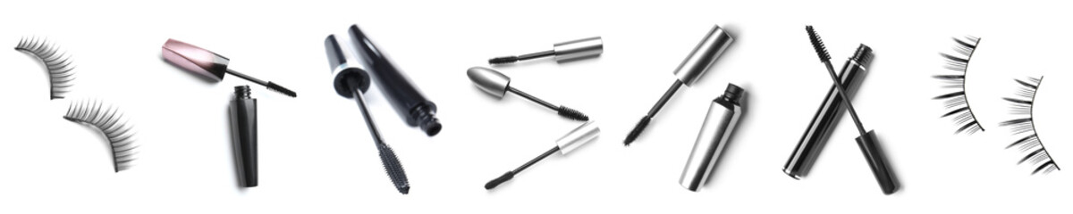 Set of mascara and fake eyelashes on white background
