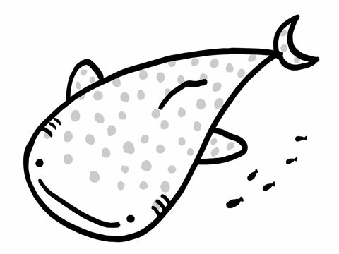 かわいいジンベイザメと小魚のモノクロイラスト／手描きイラスト素材