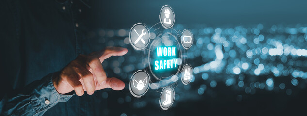 Work safety concept, Person hand holding holographic VR screen work safety icon, First secure...