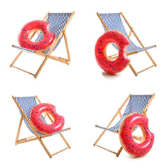 Set of deck chairs and inflatable rings isolated on white