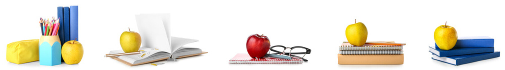Set of school stationery with apples isolated on white