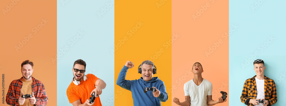 Wall mural set of men playing video games on colorful background - Wall murals