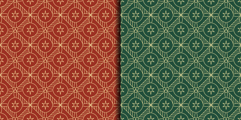 Set of Seamless Patterns with geometric line art of holly berries. For Winter Holidays wrapping paper, package, background, decoration, etc.