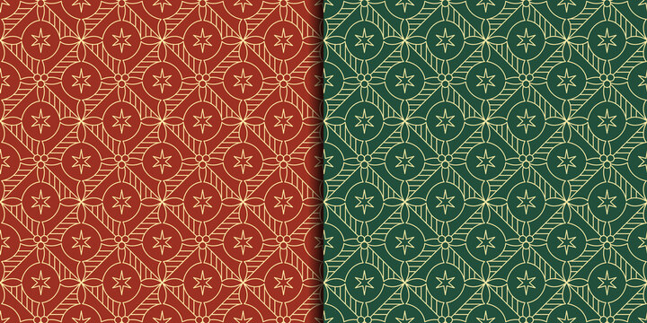 Set of Seamless Patterns with geometric line art of holly berries. For Winter Holidays wrapping paper, package, background, decoration, etc.