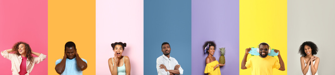 Collage of attractive African-American people on color background with space for text