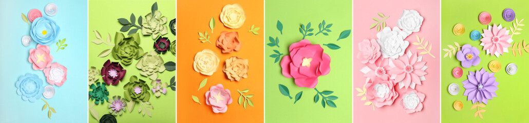 Set of beautiful handmade paper flowers on colorful background