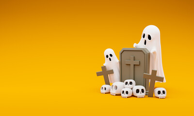 Gravestone  Ghost and skull on yellow background , Halloween's day , 3D illustration.