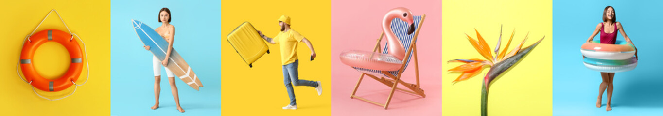 Summer collage with young people, inflatable rings, surfboard, suitcase, tropical flower and deck chair on color background - obrazy, fototapety, plakaty
