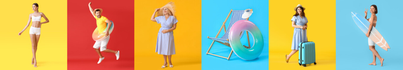 Summer collage with different people, inflatable rings, surfboard, suitcase and deck chair on color background