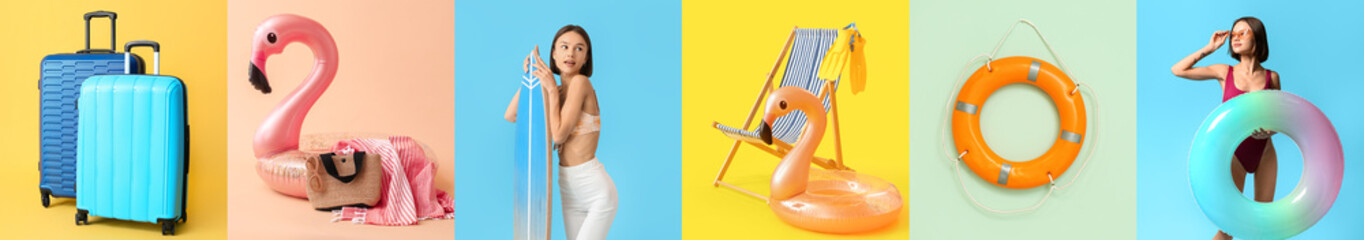 Summer collage with young woman, inflatable rings, suitcases, surfboard and deck chair on color...