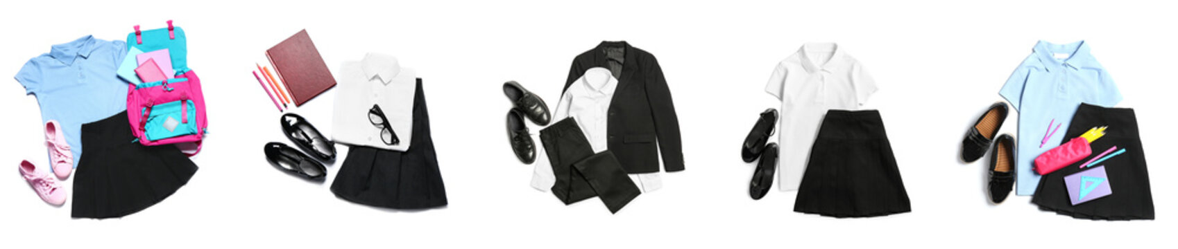 Collection of stylish school uniform on white background, top view