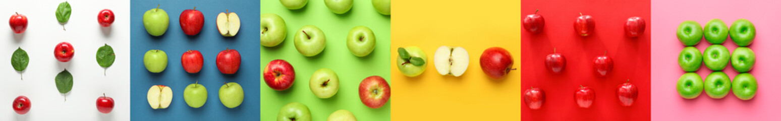 Collage with many ripe apples on colorful background
