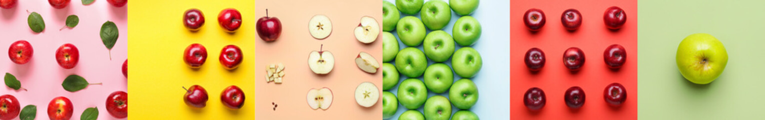 Collage with many ripe apples on colorful background