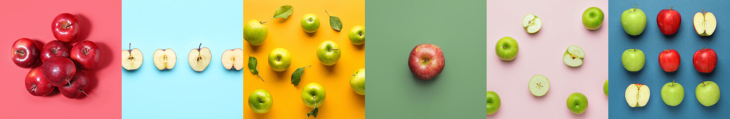 Collage with many ripe apples on colorful background