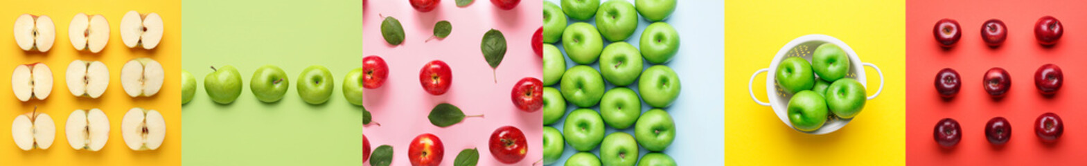 Collage with many ripe apples on colorful background