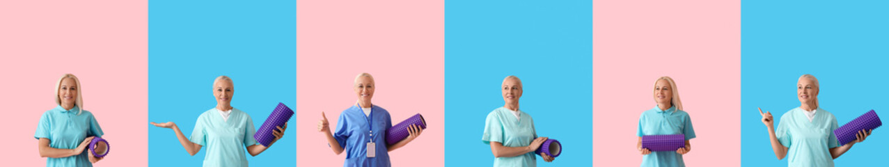 Set of rehabilitation therapist with foam roller on color background