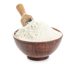 Fototapeta na wymiar Bowl with wheat flour and scoop on white background
