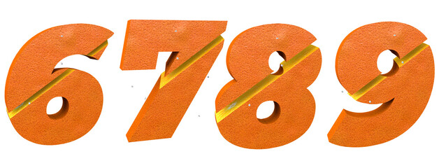 Sliced ​​orange alphabet. Numbers 6, 7, 8, 9. Cut citrus fruit. Font 3D render. Illustration 3D. Save path.