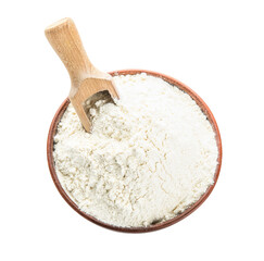 Bowl with wheat flour and scoop on white background
