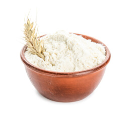 Bowl with flour and wheat ear on white background