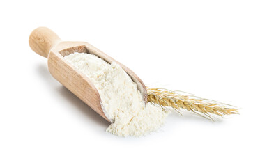Scoop with flour and wheat ear on white background