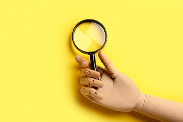 Wooden hand and magnifying glass on yellow background