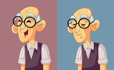 Fototapeta premium Elderly Older Man Feeling Happy and Sad Vector Cartoon. Elderly grandpa changing emotions due to mental health and aging problems 