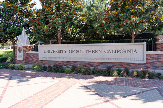 Los Angeles, CA, USA - July 5, 2022: The sign of the University of Southern California in Los Angeles, CA, USA. The University of Southern California is a private research university. 