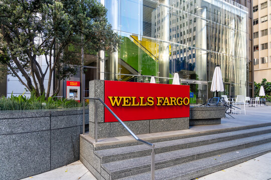 Los Angeles, CA, USA - July 5, 2022: The Wells Fargo sign outside one of its branches in Los Angeles, CA, USA. Wells Fargo is an American multinational financial services company. 