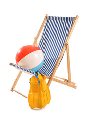 Striped deck chair with paddles and ball on white background