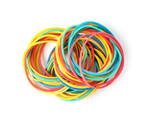 Many colorful rubber bands on white background