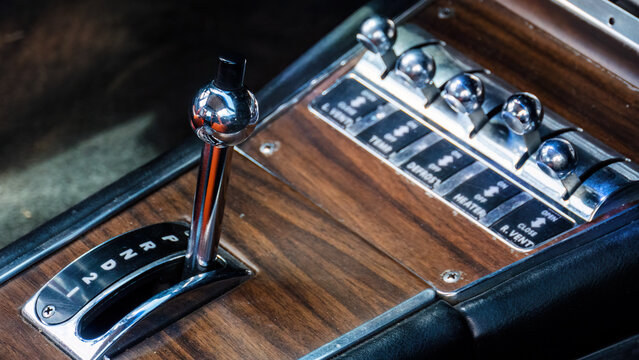 LANDAU - JUL 10, 2022: Automatic Gear Shift of 1966 Avanti II (Studebaker)