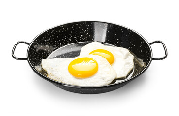 Frying pan with eggs isolated on white background